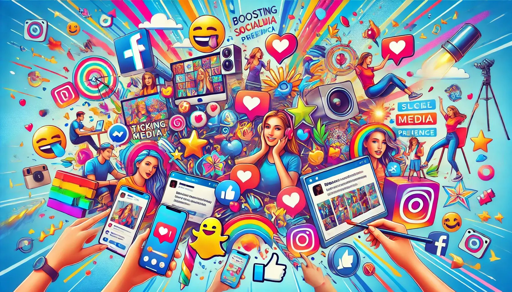 A vibrant, dynamic collage showcasing various fun activities and creative elements that represent boosting social media presence. Include images of pe