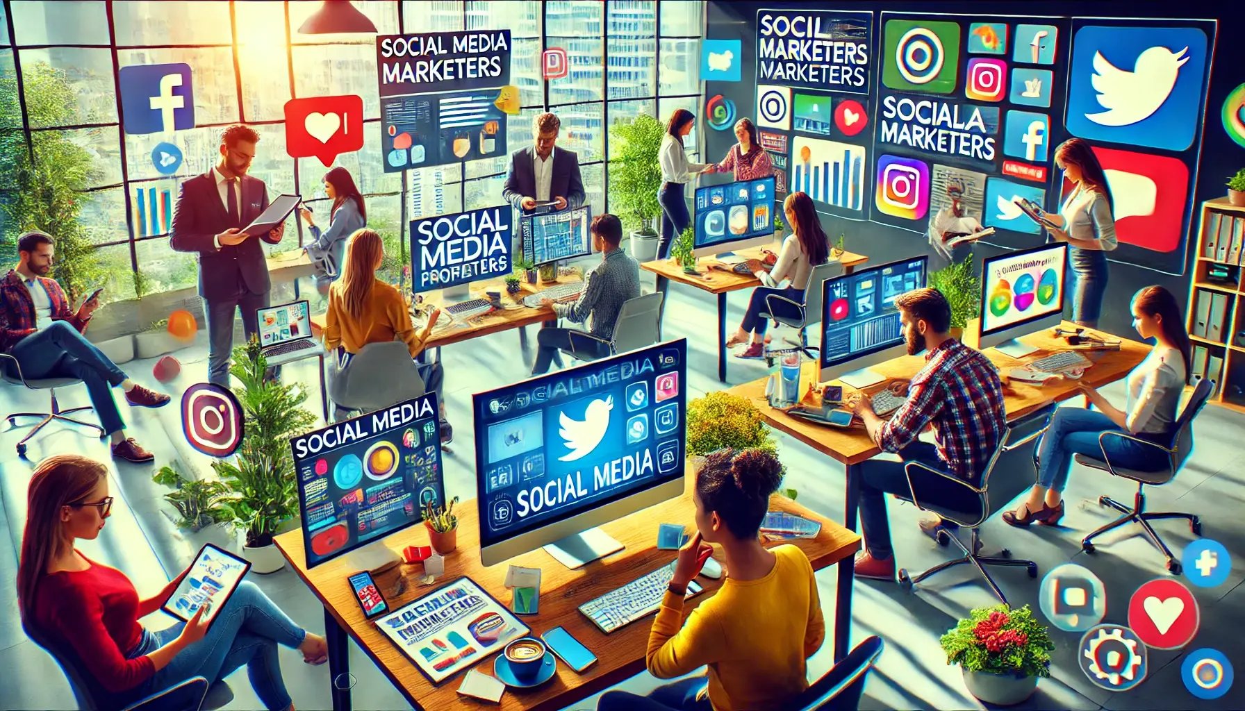 A vibrant office scene where a diverse team of social media marketers is engaged in creative activities. One person is setting up social media profile